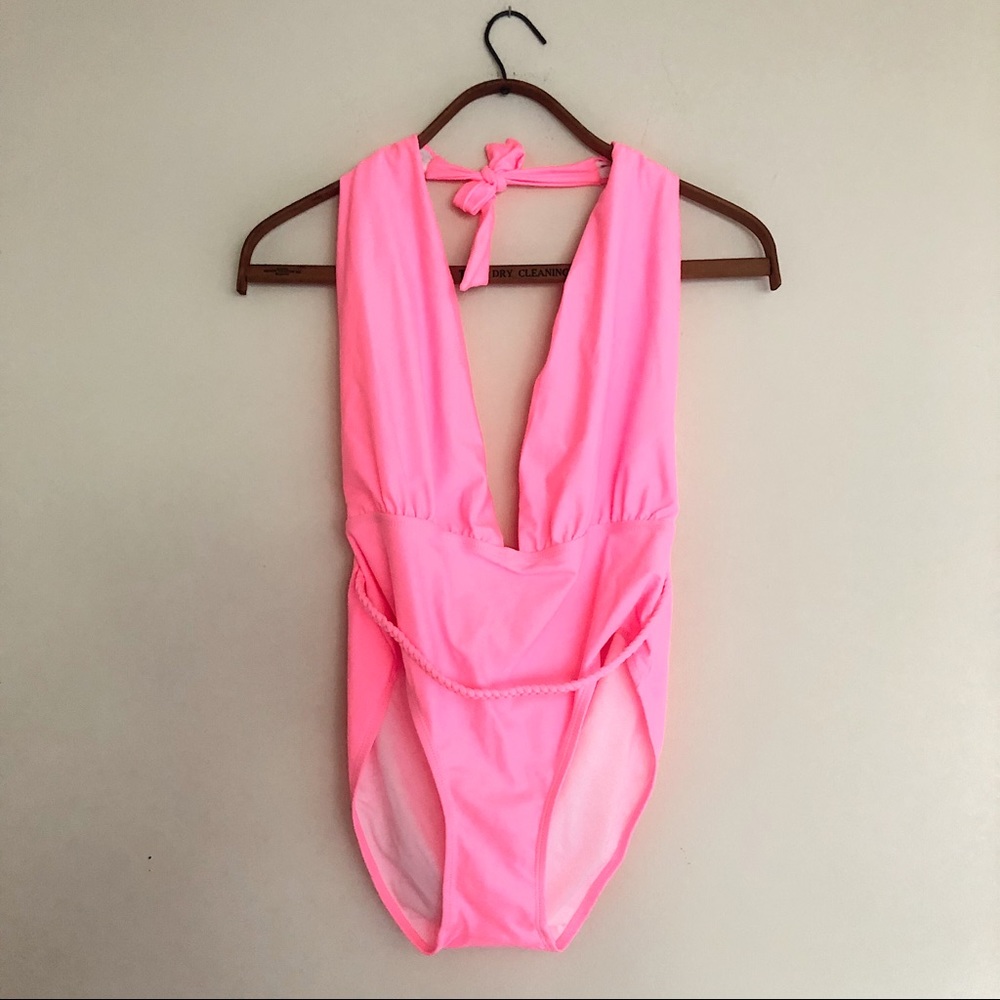 NWOT bright hot pink vneck braid tie one pice swim